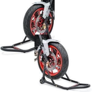 Set: Montageständer Vorderrad Evo-V mit V-Aufnahmen gefedert matt + Montageständer Vorderrad mit gummierten Aufnahmen Motorradheber vorne
