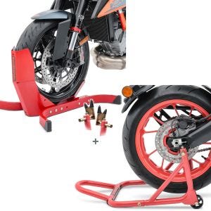 Set: Motorradwippe Easy-Plus Motorradständer bis 21 Zoll rot + Montageständer Hinterrad Universal-Racing_1