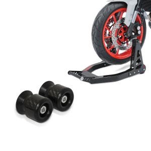 Set: Montageständer Vorderrad Superlight-V Carbon Motorradständer V + Schwingenschützer Racingadapter Bobbins passend für Montageständer M6-8 carbon