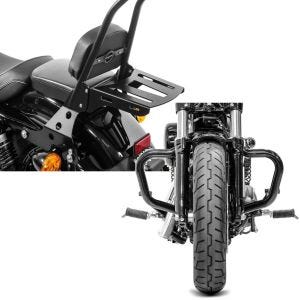 Set: Sissybar Harley Sportster 04-20 Fast Rider-L inkl. Gepäckträger + Sturzbügel Mustache für Harley Sportster 04-20 Schutzbügel schwarz_1
