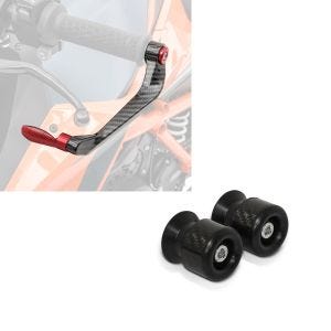 Set: Protections de levier frein et embrayage Aluminium X6 rouge + Protection Bras Oscillant-Diabolos pour béquille M6-8 carbon