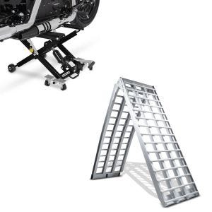 Set: Alu Auffahrrampe V, bis 680 kg, klappbar, für Motorrad, Scooter, Quad + Hebebühne Mid-Lift XL Motorradheber bis 500kg in schwarz_1