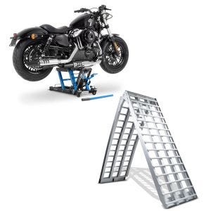 Set: Alu Auffahrrampe V, bis 680 kg, klappbar, für Motorrad, Scooter, Quad + Hebebühne Mid-Lift L Motorradheber für Harley und Chopper bis 680 kg_1