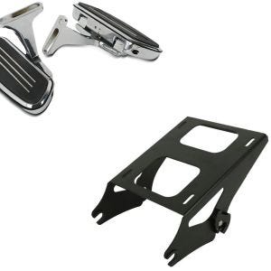 Set: Sozius Trittbretter passend für Harley Davidson Touring 93-24 Craftride CF2 mit Halter chrom + Topcase Träger Doppelsitzbank passend für Harley Davidson Touring 14-24 schwarz Craftride