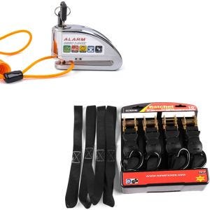 Set: Bremssscheibenschloss Alarm mit Erinnerungskabel Diebstahlschutz + Spanngurt Set mit Ratsche und Haken inkl 4x Zurrschlaufe in schwarz_1
