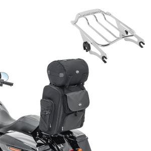 Set: Moto Sissy Bar Sacoche arrière Craftride SXL avec Sac Rouleau en noir + Porte-bagages AW compatible avec Harley Davidson Touring 09-24 chrome Craftride