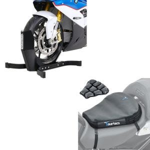 Set: Luftkissen Air Deluxe M Komfort Sitzkissen in schwarz + Motorradwippe Easy-Plus Motorradständer bis 21 Zoll schwarz-matt