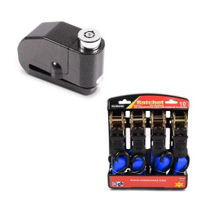 Set: Antivol bloque disque Alarme 110dB BS-Motoparts Moto antivol noir + Moto Sangle Set avec cliquet et crotchet incl 4x boucles de chargement