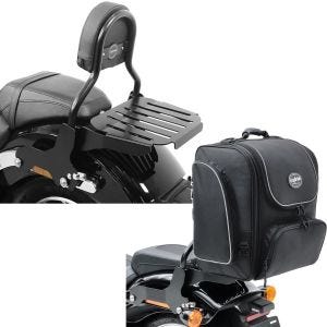 Set : Sissy Bar CL compatible avec Softail Sport Glide 18-24 noir + Moto Sacoche Sissybar arrière TM4 39-49 Litres en noir