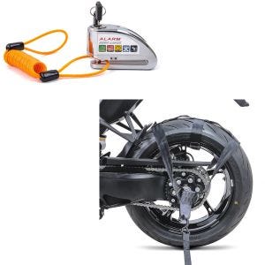 Set: Bremssscheibenschloss Alarm mit Erinnerungskabel Diebstahlschutz + Spanngurt Hinterrad Fixiergurt für Transportsicherung schwarz_1