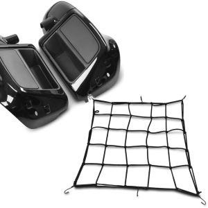 Set: Beinschild für Harley Touring Modelle 2014-2021 belüftet schwarz + Gepäcknetz, , 110 x 110 cm Spannweite_1
