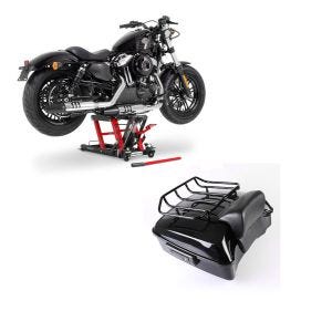 Set: Topcase Chopped passend für Harley Davidson Road Glide Special 15-23 CH3 schwarz Craftride + Motorrad Hebebühne ConStands Mid-lift L Motorradheber für Chopper bis 680 kg in rot