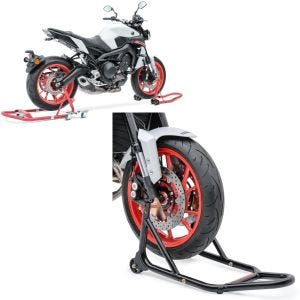Set: Béquille d'Atelier Moto Arrière et Avant Set MR1 Range Moto rouge + Béquille d'atelier roue avant Front