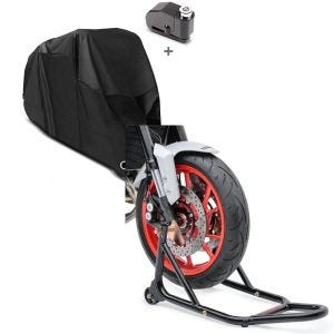 Set: Set Abdeckplane XL + Alarm Bremsscheibenschloss Faltgarage + Montageständer Vorderrad mit gummierten Aufnahmen Motorradheber vorne