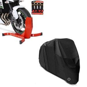 Set: Set béquille cale de roue moto rouge avant av. Sangles Easy Plus + Housse Moto XL Bache moto imperméable en noir