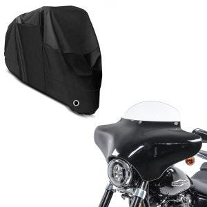 Set: Batwing Verkleidung mit Windschild M passend für Harley Davidson BW8 schwarz-klar + Abdeckplane XL Abdeckhaube in schwarz