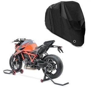 Set: Béquille d'Atelier monobras compatible avec KTM 1290 Super Duke / R 14-23 avant + Housse Moto XL Bache moto imperméable en noir