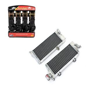 Set: Kühler Radiator passend für KTM EXC 125 / 200 / 250 / 300 2-Takt 2008-2015 + Spanngurt Set mit Ratsche und Haken inkl 4x Zurrschlaufe in schwarz