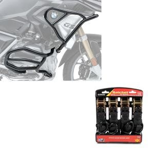 Set: Sturzbügel Set passend für BMW R 1250 GS 19-23 oben und unten XL8 Schutzbügel + Spanngurt Set mit Ratsche und Haken inkl 4x Zurrschlaufe in schwarz