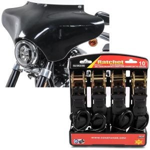 Set: Batwing Verkleidung mit Windschild M für Chopper und Bobber BW8 -klar + Spanngurt Set mit Ratsche und Haken inkl 4x Zurrschlaufe in schwarz_1