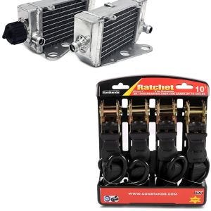 Set: Kühler Radiator für KTM SX 50 12-19 rechts links (Paar) + Spanngurt Set mit Ratsche und Haken inkl 4x Zurrschlaufe in schwarz_1