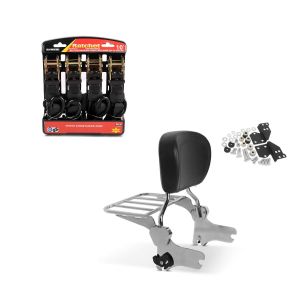 Set: Sissy Bar avec porte bagages avec Kit Fixation compatible avec Harley Davidson Road King 97-08 chrome Craftride + Moto Sangle Set ConStands avec cliquet et crotchet incl 4x boucles de chargement en noir