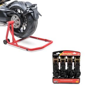 Set: Einarmständer KTM 1290 Super Duke / R 14-21 Montageständer Single + Spanngurt Set mit Ratsche und Haken inkl 4x Zurrschlaufe in schwarz_1
