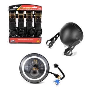 Set: LED Scheinwerfer Set 7 Zoll für Universal Hauptscheinwerfer C12 + Spanngurt Set mit Ratsche und Haken inkl 4x Zurrschlaufe in schwarz_1