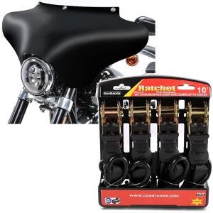 Set: Batwing Verkleidung mit Windschild M für Chopper und Bobber MW8 + Spanngurt Set mit Ratsche und Haken inkl 4x Zurrschlaufe in schwarz_1