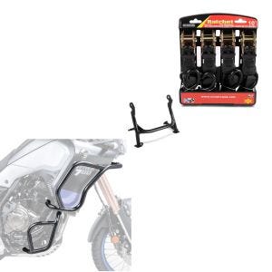 Set: Sturzbügel Hauptständer Set für Yamaha Tenere 700 19-21 oben unten + Spanngurt Set mit Ratsche und Haken inkl 4x Zurrschlaufe in schwarz_1