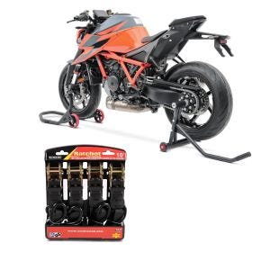 Set: Einarm Montageständer für KTM 1290 Super Duke/ R 14-21 hinten vorne + Spanngurt Set mit Ratsche und Haken inkl 4x Zurrschlaufe in schwarz_1