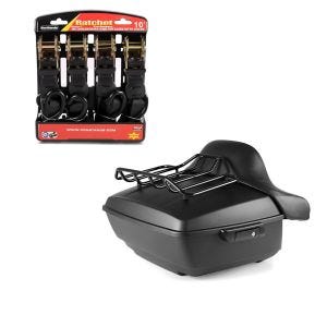 Set: Topcase King NHM für Harley Softail / Sport Glide schwarz + Spanngurt Set mit Ratsche und Haken inkl 4x Zurrschlaufe in schwarz_1