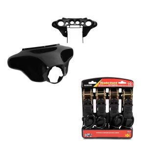 Set: Batwing Verkleidung für Harley Electra Glide Standard 96-10 + Spanngurt Set mit Ratsche und Haken inkl 4x Zurrschlaufe in schwarz_1