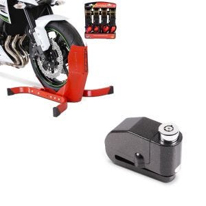 Set: Set béquille cale de roue moto rouge avant av. Sangles Easy Plus + Antivol bloque disque Alarme 110dB BS-Motoparts Moto antivol noir