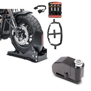 Set: Set SW15 Cale de roue moto Easy Vario Fix et Sangles arrimage Set noir + Antivol bloque disque Alarme 110dB BS-Motoparts Moto antivol noir