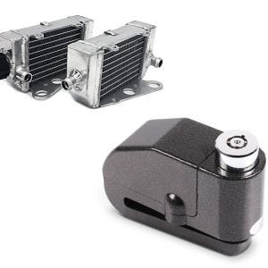 Set: Kühler Radiator passend für KTM SX 50 12-22 rechts links (Paar) + Bremsscheibenschloss Alarm 110dB BS-Motoparts Diebstahlschutz schwarz
