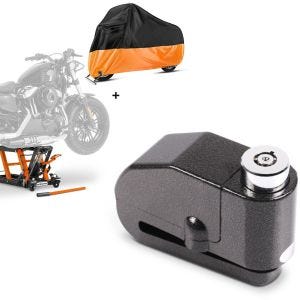 Set: Hebebühne Mid-Lift L + Abdeckplane XXL Motorradheber für Chopper + Bremsscheibenschloss Alarm 120dB BS-Motoparts Diebstahlschutz schwarz_1