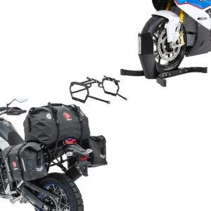 Set: Sacoches cavalières et arrière Set WP8 compatible avec Yamaha Tenere 700 19-24 + Bloque Roue Easy Plus Bequille Avant pour roues max. 21" noir