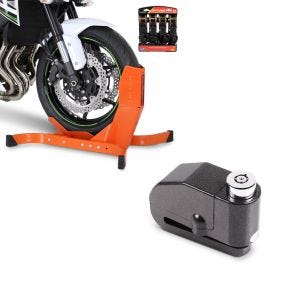 Set: Easy Plus - Motorradwippe inklusive 4-fach Spanngurt-Set orange + Bremsscheibenschloss Alarm 120dB BS-Motoparts Diebstahlschutz schwarz_1