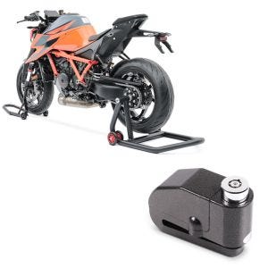 Set: Béquille d'Atelier monobras compatible avec KTM 1290 Super Duke / R 14-23 avant Constands + Antivol bloque disque Alarme 110dB BS-Motoparts Moto antivol noir