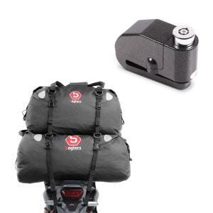 Set: Sacoche de selle Moto arrière Set XF80 + XF60 Drybag Etanche 140L + Antivol bloque disque Alarme 110dB BS-Motoparts Moto antivol noir