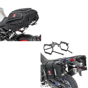 Set: Sacoches cavalières Set WP8 compatible avec Yamaha Tenere 700 19-24 avec supports + Moto Sacoche de selle X50 Porte-bagages arrière 50Ltr en noir