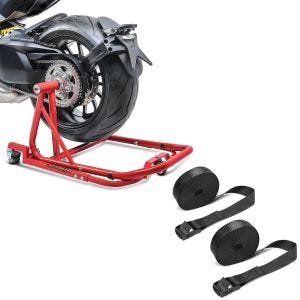 Set: Béquille d'Atelier Arrière compatible avec Ducati Diavel/S 11-22 Chariot Mover Rouge + Moto Sangle Set sangle arrimage 150cm 2 pièces en noir