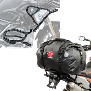 Set: Pare carter Set compatible avec BMW R 1250 GS 19-23 XL8 haut et bas crashbar + Sacoche de selle Moto arrière XF60 Dry Bag Etanche Volume 60l
