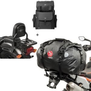 Set: Sissy Bar XS3 + sacoche arrière compatible avec Honda Rebel 500 CMX 17-24 + Sacoche de selle Moto arrière XF60 Dry Bag Etanche Volume 60l