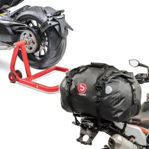 Set: Béquille d'atelier monobras compatible avec KTM 1290 Super Duke / R 14-23 -One rouge + Sacoche de selle Moto arrière XF60 Dry Bag Etanche Volume 60l