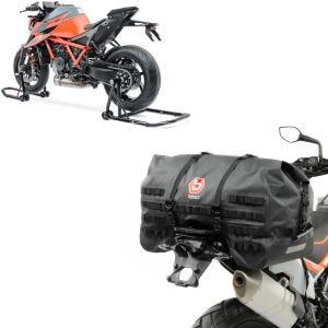 Set: Béquille d'Atelier monobras set compatible avec KTM 1290 Super Duke / R 14-23 + Moto Sacoche de Selle arrière SX70 70Ltr etanche en noir