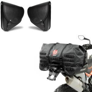 Set: Satteltaschen Paar für Custom Bikes Indiana schwarz + Hecktasche SX70 70Ltr wasserdicht in schwarz_1