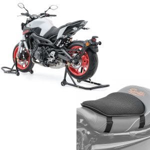 Set: Béquille d'Atelier Moto Arrière et Avant Set ST4 Leve Stand Noir + Gel coussin de selle Tourtecs M Universal Coussin confort noir