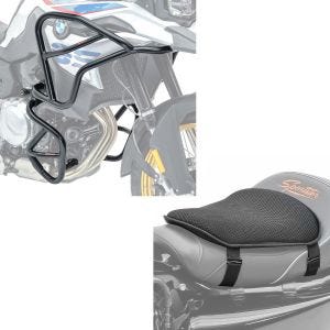 Set: Pare carter XL Set compatible avec BMW F 850 GS/F 750 GS 18-23 haut et bas + Gel coussin de selle Tourtecs M Universal Coussin confort noir